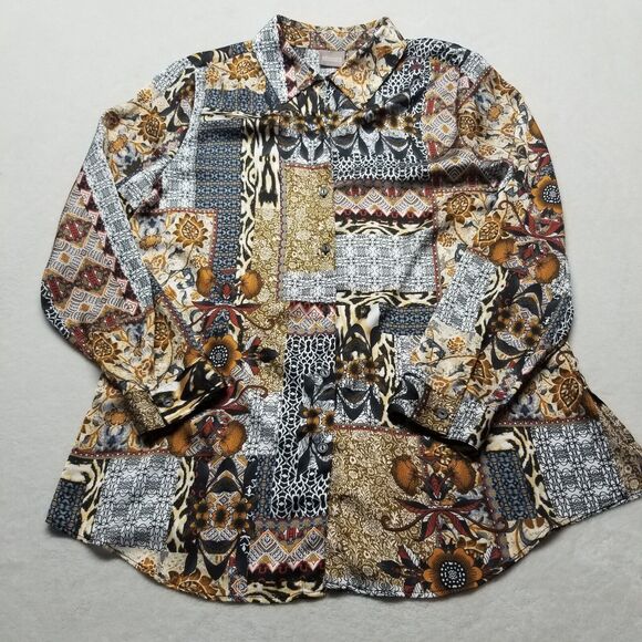 Chicos 1 Medium Top Blouse Button Up Patchwork Print Silky Bohemian Cottagecore - Picture 1 of 9